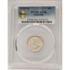 AUSTRALIA 1918 . SIXPENCE . PCGS AU58